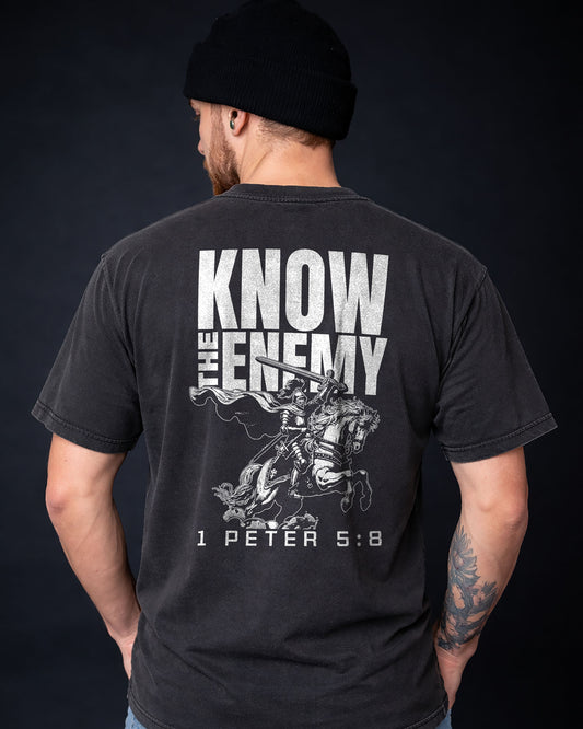 Know The Enemy Christian T-Shirt – 1 Peter 5:8 Shirt- Black