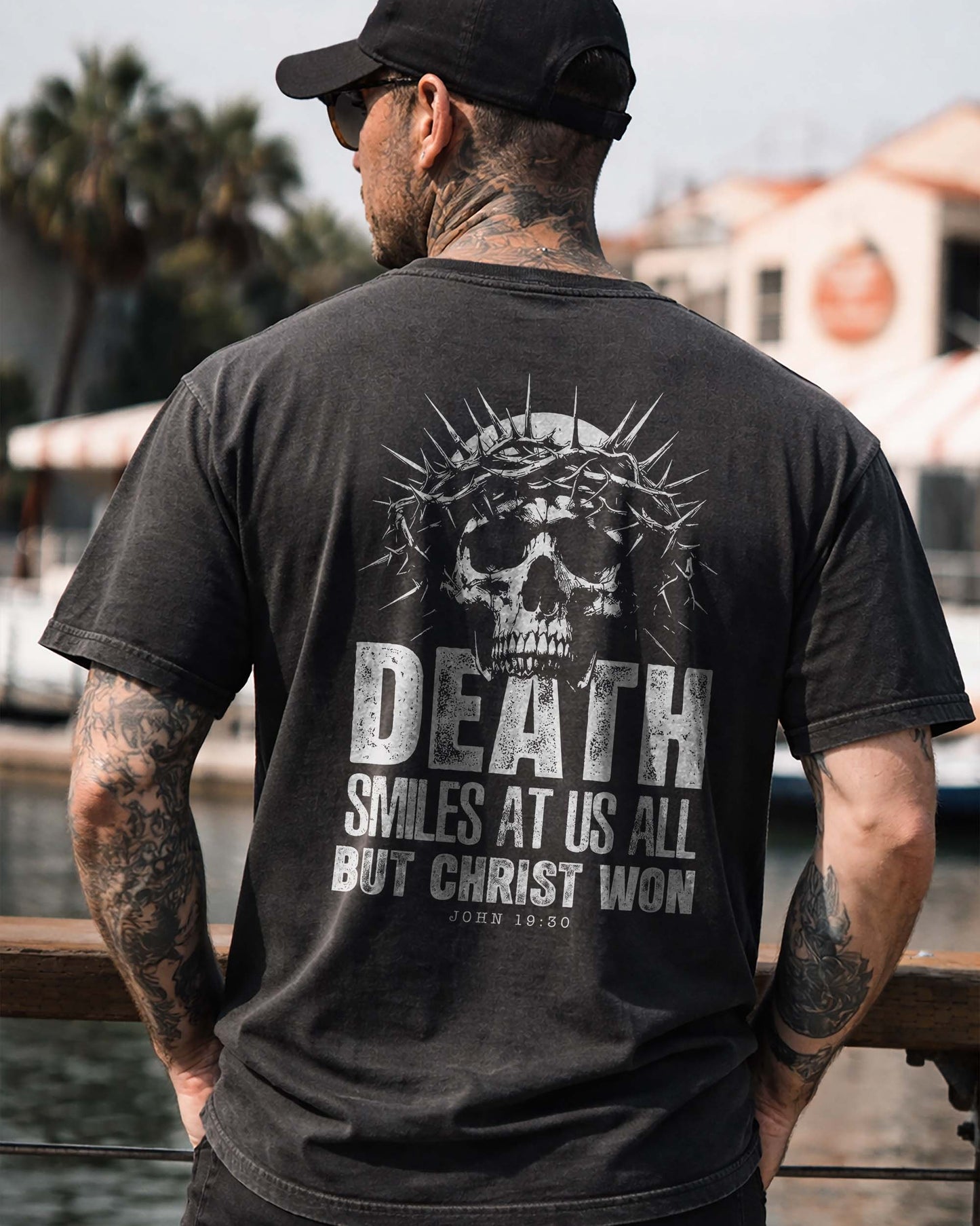 Death Smiles at Us All Christian Shirt – Christ Won John 19:30 Skull Faith Black Tee for Men