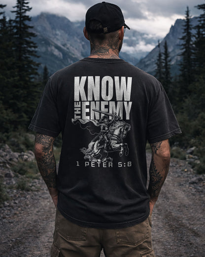 Know The Enemy Christian T-Shirt – 1 Peter 5:8 Shirt- Black
