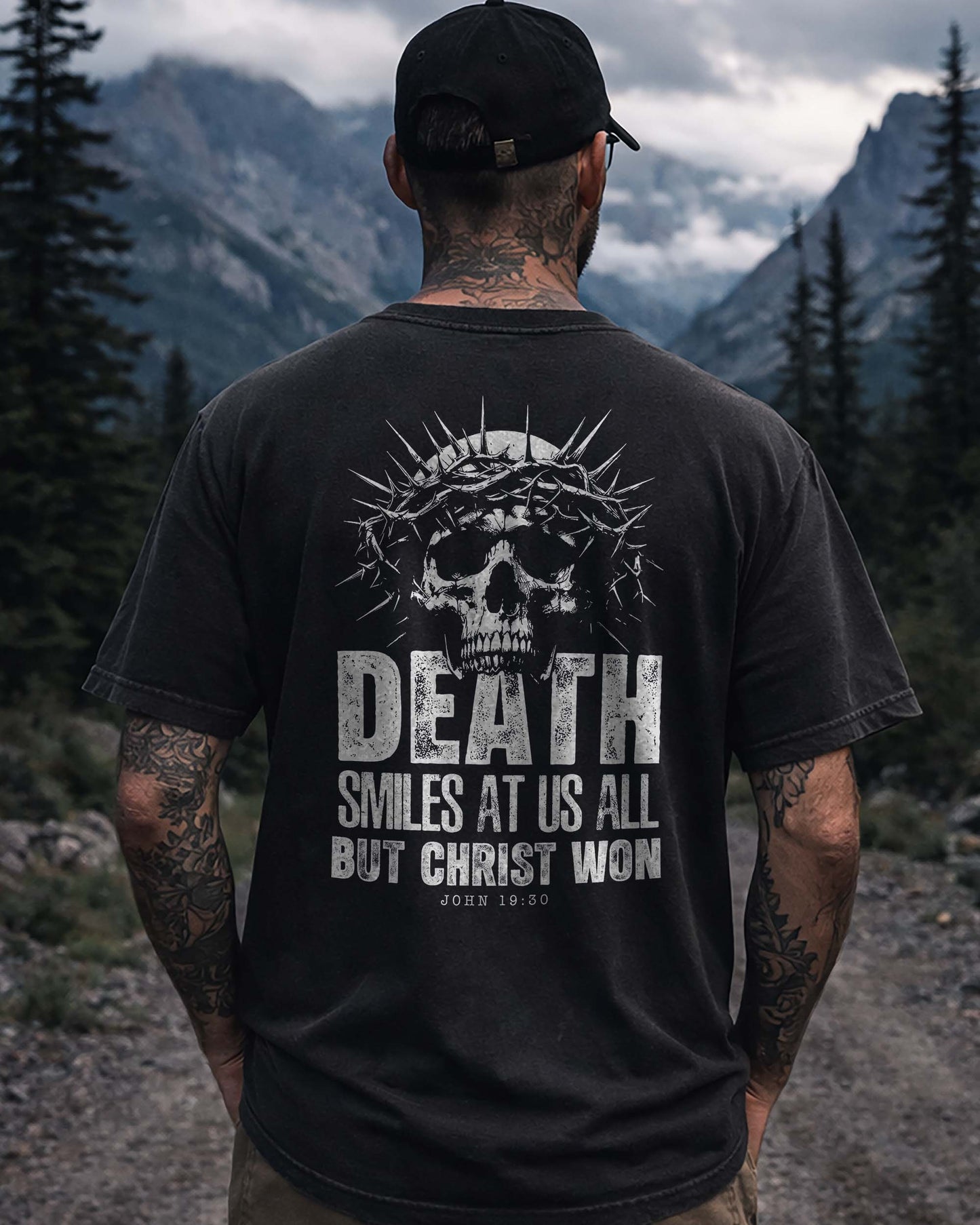 Death Smiles at Us All Christian Shirt – Christ Won John 19:30 Skull Faith Black Tee for Men