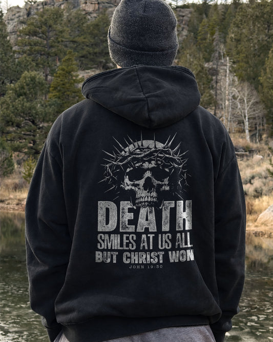 Death Smiles at Us All Hoodie – John 19:30 Christian Hoodie