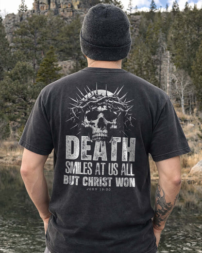 Death Smiles at Us All Christian Shirt – Christ Won John 19:30 Skull Faith Black Tee for Men