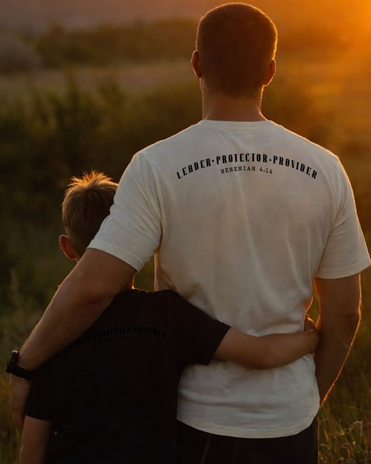 Christian Men Shirt - Leader. Protector. Provider. Nehemiah 4:14 - Father's Day Men’s Tee - Back Print