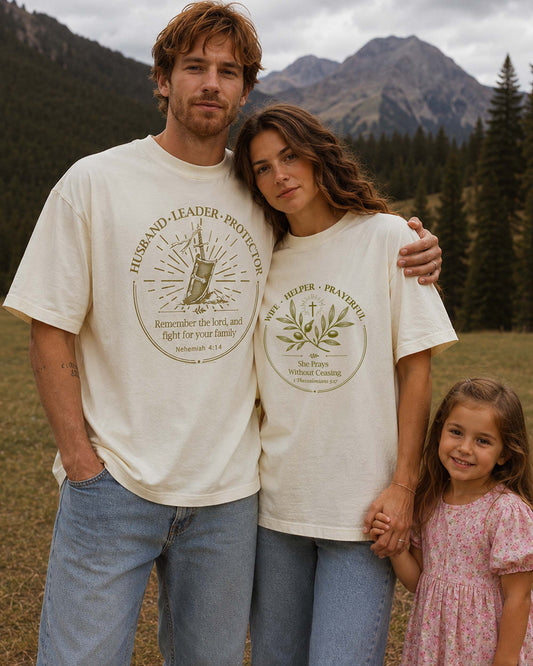 Christian Husband & Wife Matching Shirts | Husband • Leader • Protector & Wife • Helper • Prayerful | Christian Couple Gift