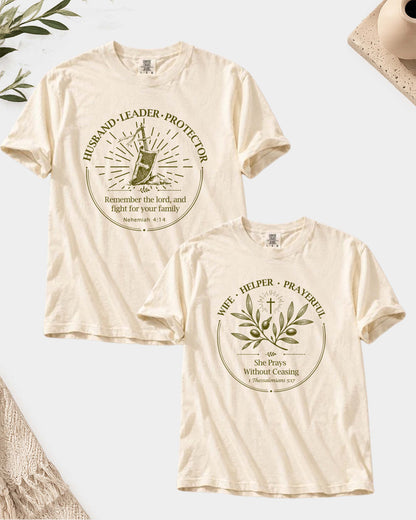 Christian Husband & Wife Matching Shirts | Husband • Leader • Protector & Wife • Helper • Prayerful | Christian Couple Gift