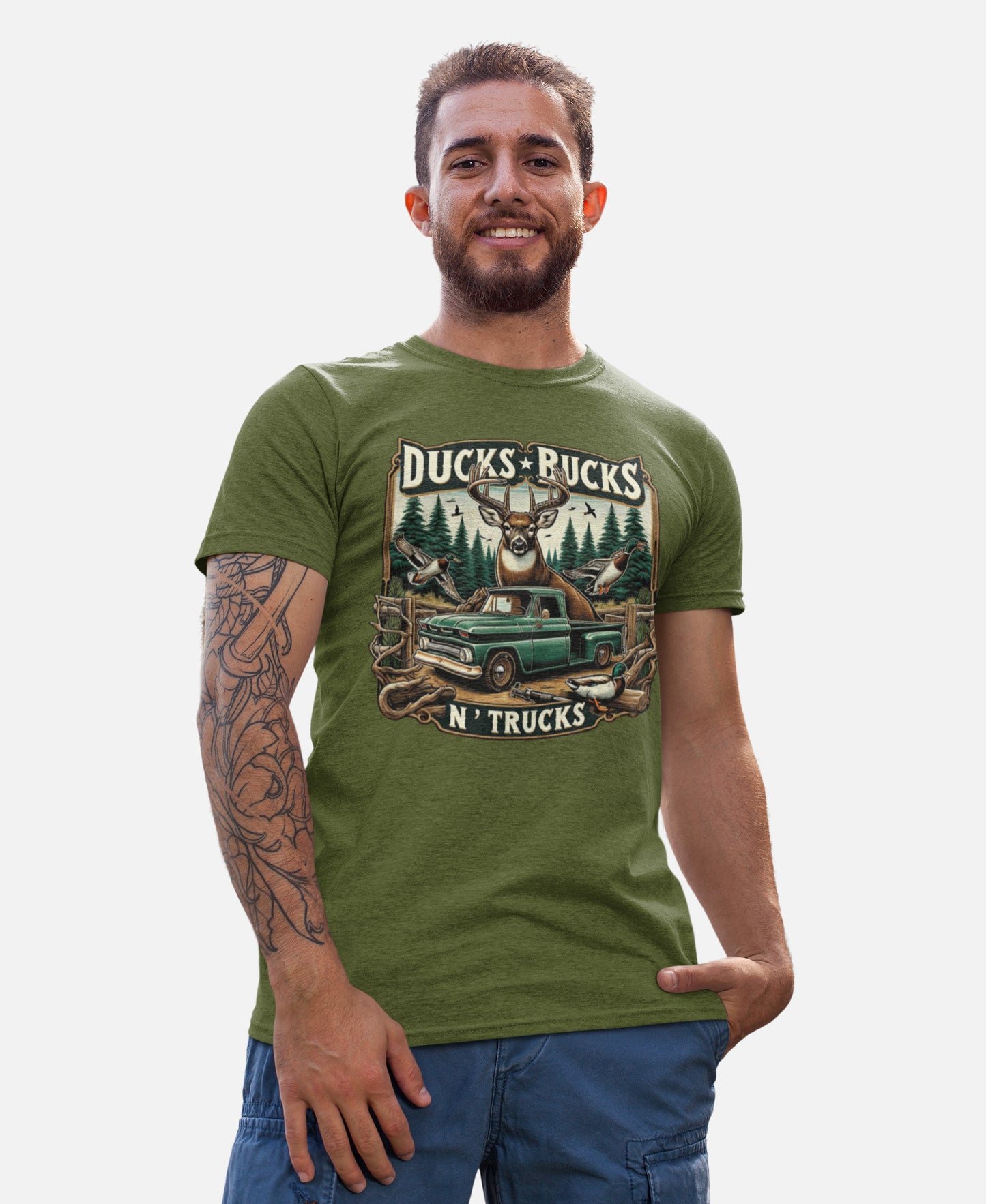 Ducks, Bucks N Trucks Hunting Shirt - Hunter Gift Tee - Moss Green - Up To 4XL