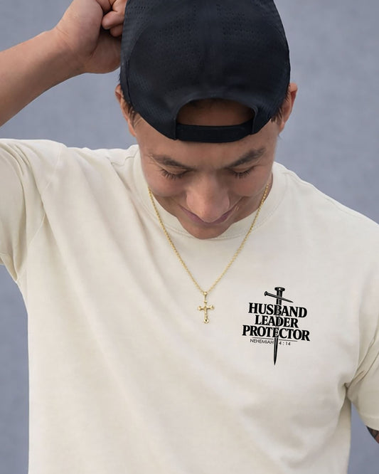 Husband • Leader • Protector Christian T-Shirt – Nehemiah 4:14 | Heavyweight Faith Tee for Men