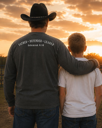 Father • Defender • Leader | Nehemiah 4:14 Long Sleeve Shirt
